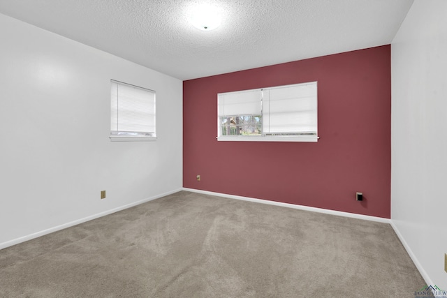 spare room with carpet, baseboards, and a textured ceiling