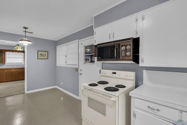 kitchen featuring electric range, visible vents, white cabinets, baseboards, and black microwave