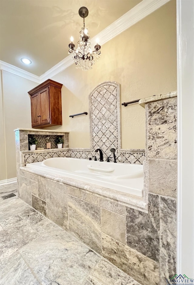 bathroom featuring tiled bath, crown molding, and a chandelier