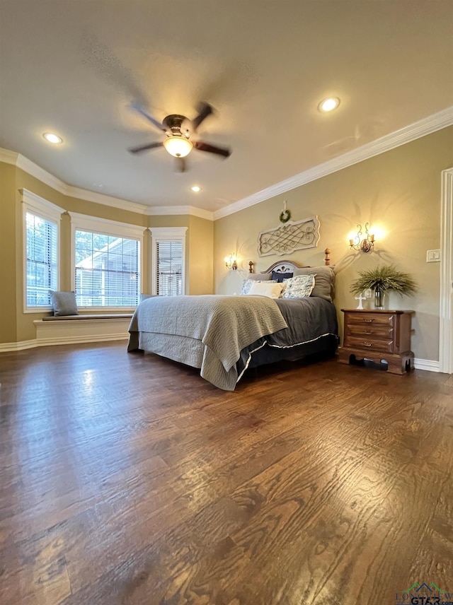 unfurnished bedroom featuring ceiling fan, dark hardwood / wood-style floors, and ornamental molding