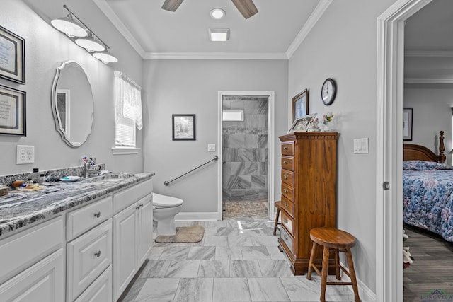 bathroom with a tile shower, ornamental molding, toilet, and ceiling fan