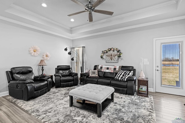 living room featuring ornamental molding, hardwood / wood-style floors, and a tray ceiling