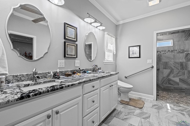 bathroom featuring vanity, crown molding, toilet, and tiled shower