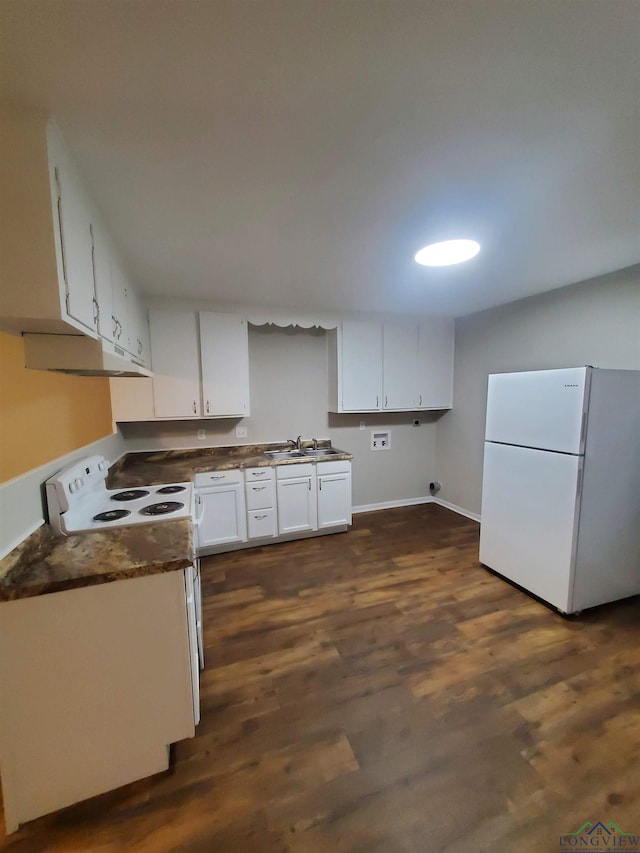 kitchen featuring white cabinetry, sink, dark hardwood / wood-style floors, and white appliances