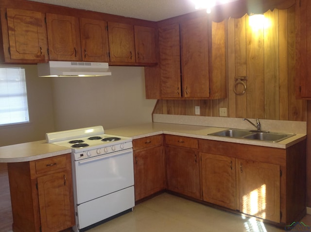 kitchen featuring white range, kitchen peninsula, and sink