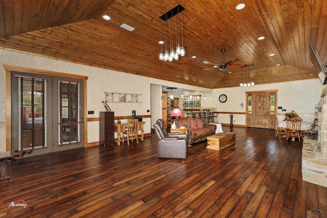 living room featuring ceiling fan, wooden ceiling, dark wood-type flooring, and high vaulted ceiling