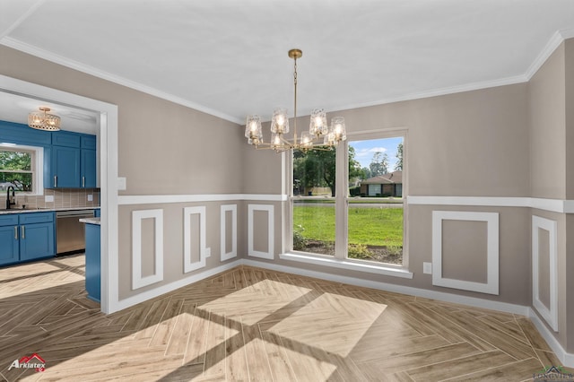 404 Pinewood, Marshall, TX 75672 - unfurnished dining area featuring a chandelier, plenty of natural light, and crown molding