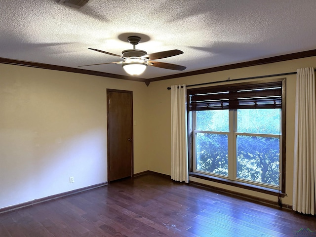 unfurnished room with a textured ceiling, dark hardwood / wood-style flooring, ceiling fan, and ornamental molding