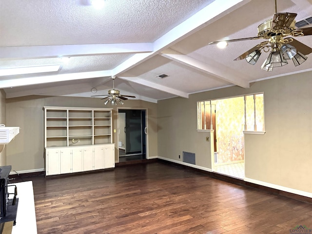 unfurnished living room with dark hardwood / wood-style flooring, a textured ceiling, lofted ceiling with beams, and ceiling fan