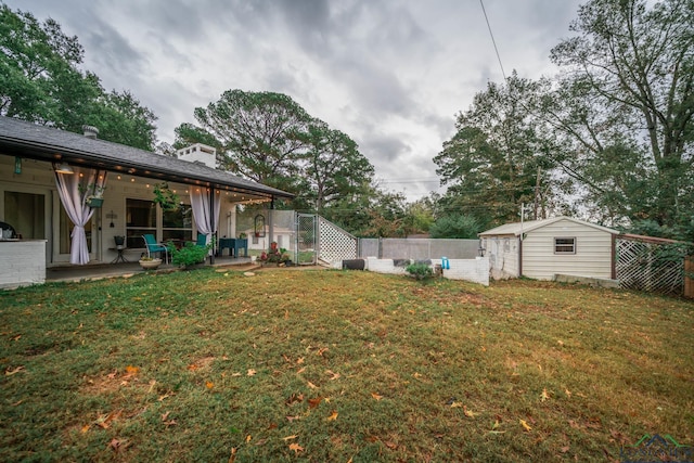 view of yard with a patio area and a storage unit