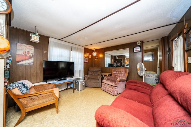 living room featuring wood walls