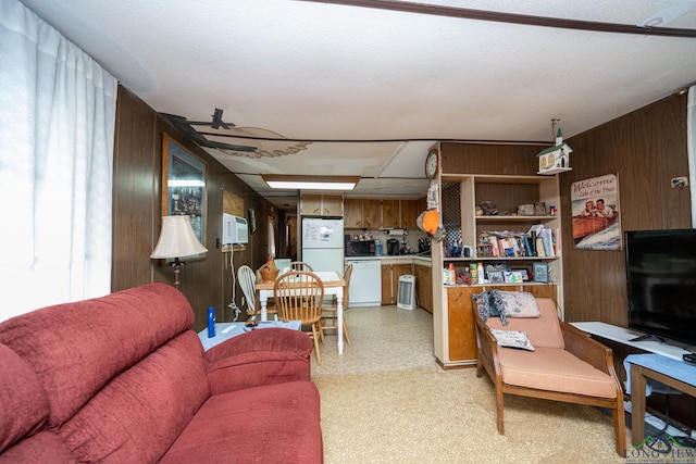 living room featuring wooden walls