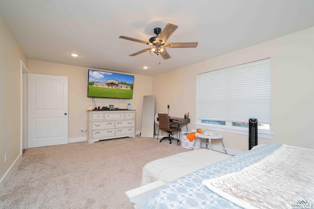 carpeted bedroom with recessed lighting, baseboards, and a ceiling fan