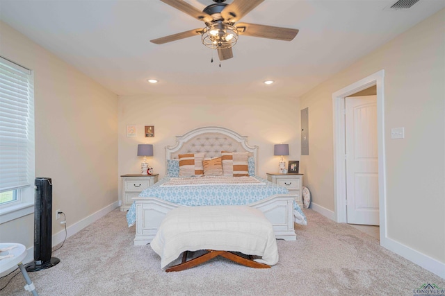 bedroom featuring light colored carpet, baseboards, ceiling fan, and recessed lighting