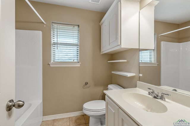 full bathroom with vanity,  shower combination, tile patterned floors, and toilet