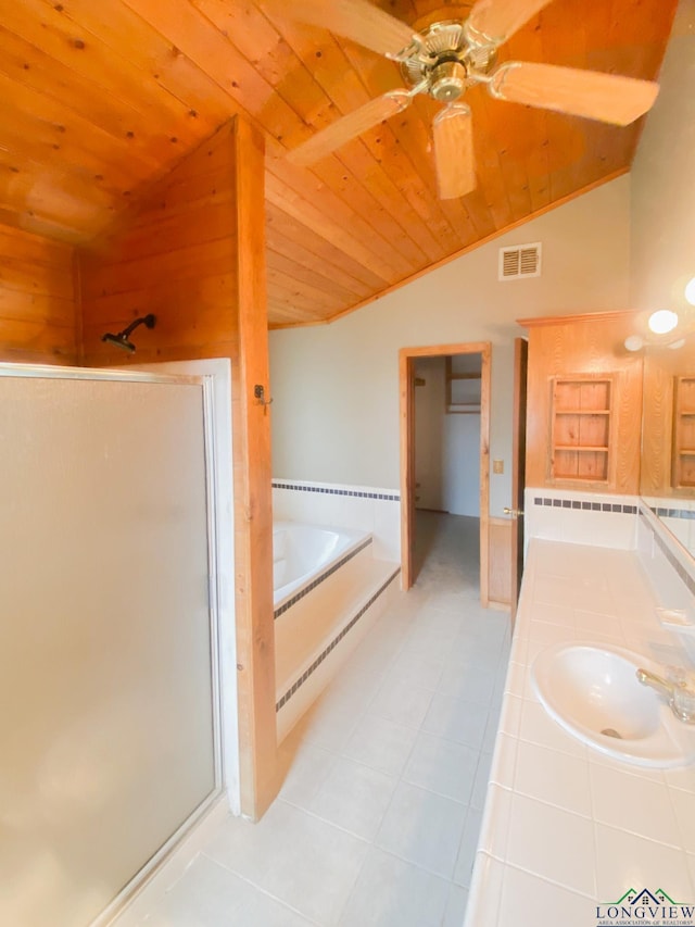 bathroom with plus walk in shower, lofted ceiling, and wood ceiling