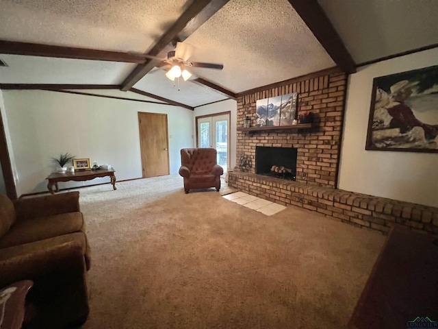 406 Campbell St, Daingerfield, TX 75638 - carpeted living room featuring a textured ceiling, a ceiling fan, and a fireplace