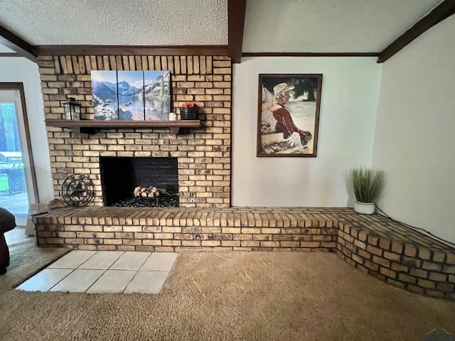 406 Campbell St, Daingerfield, TX 75638 - unfurnished living room featuring carpet, a textured ceiling, a fireplace, and crown molding