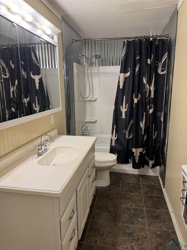 full bathroom with vanity, shower / bath combo, and toilet