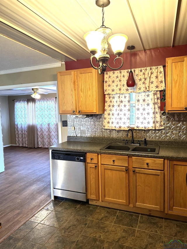 kitchen featuring stainless steel dishwasher, ornamental molding, ceiling fan with notable chandelier, sink, and pendant lighting