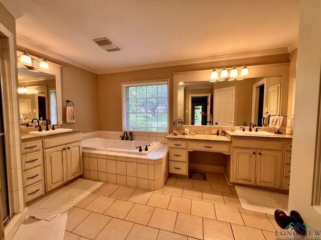 16 Pegues Pl, Longview, TX 75601 - full bath with a garden tub, two vanities, tile patterned flooring, and crown molding