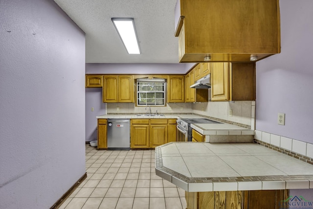 2202 Woodbine Dr, Gladewater, TX 75647 - kitchen with stainless steel appliances, under cabinet range hood, and decorative backsplash