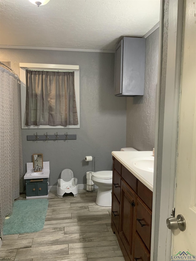 bathroom with vanity, toilet, and a textured ceiling