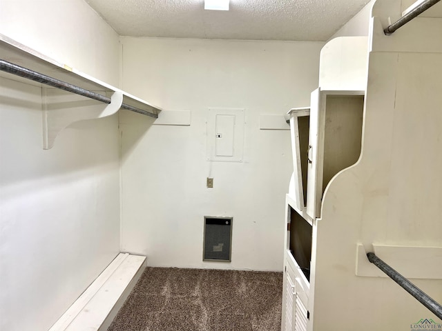 spacious closet with dark colored carpet and electric panel