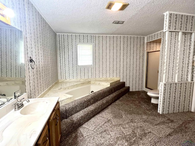 bathroom with vanity, a textured ceiling, toilet, and a tub