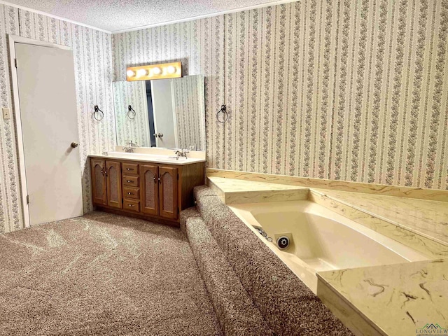 bathroom with vanity, a textured ceiling, and a washtub