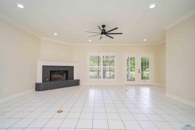 unfurnished living room with french doors, recessed lighting, ceiling fan, and a fireplace