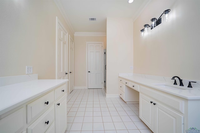 full bath with tile patterned flooring, vanity, baseboards, visible vents, and ornamental molding