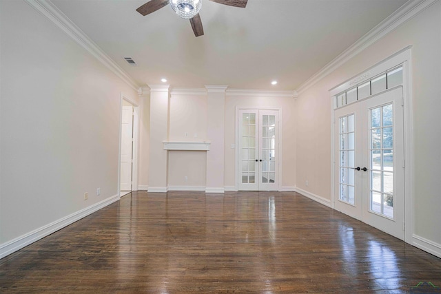 unfurnished living room featuring french doors, crown molding, dark wood-style floors, and visible vents