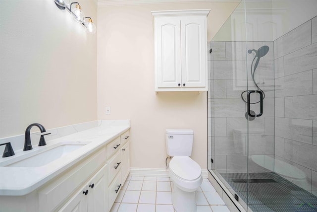 bathroom featuring tile patterned flooring, a shower stall, vanity, baseboards, and toilet
