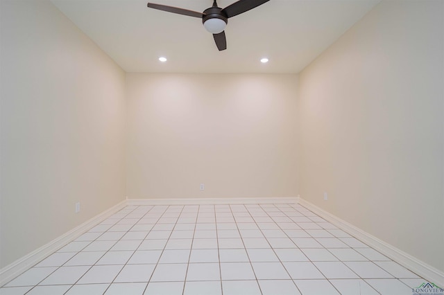 empty room featuring recessed lighting, a ceiling fan, and baseboards
