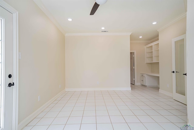 spare room featuring ornamental molding, a ceiling fan, recessed lighting, and visible vents