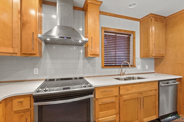 1800 Shady Ln, Longview, TX 75604 - kitchen featuring appliances with stainless steel finishes, wall chimney exhaust hood, a sink, and backsplash