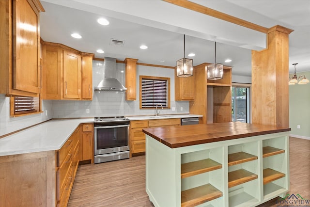 1800 Shady Ln, Longview, TX 75604 - kitchen featuring appliances with stainless steel finishes, wall chimney range hood, a sink, wood counters, and tasteful backsplash