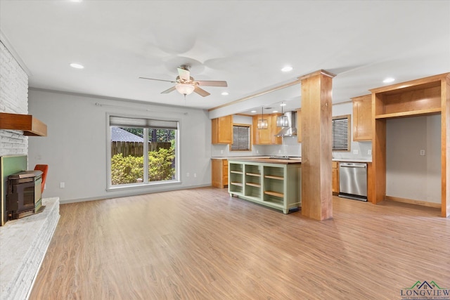 1800 Shady Ln, Longview, TX 75604 - unfurnished living room with a ceiling fan, light wood-style floors, baseboards, and recessed lighting