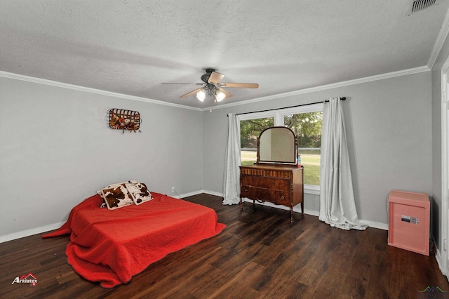 bedroom featuring ceiling fan, dark hardwood / wood-style flooring, a textured ceiling, and ornamental molding