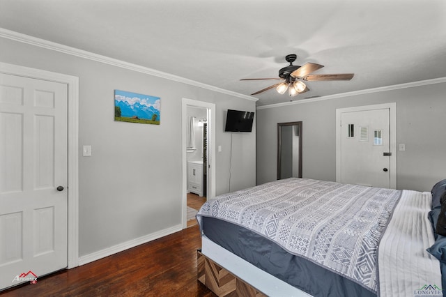 bedroom featuring ceiling fan, dark hardwood / wood-style floors, ornamental molding, and ensuite bathroom