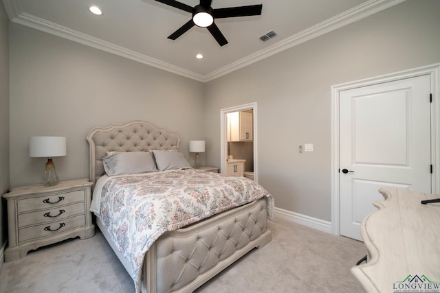 carpeted bedroom featuring ceiling fan, ornamental molding, and connected bathroom