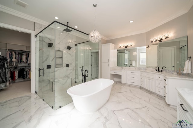 bathroom with vanity, ornamental molding, and independent shower and bath