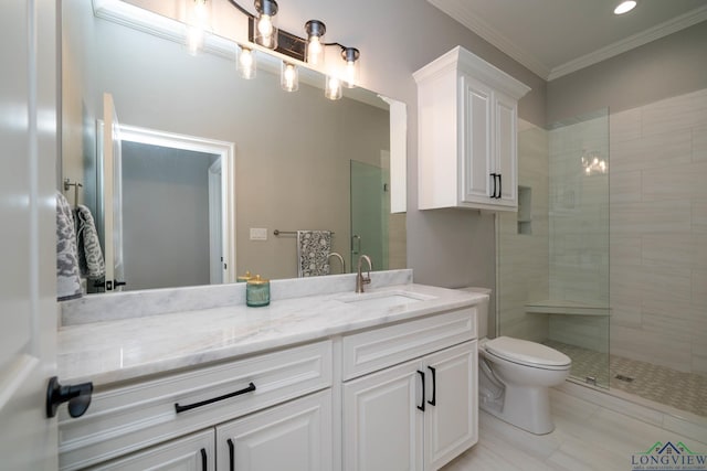 bathroom with toilet, walk in shower, ornamental molding, and vanity