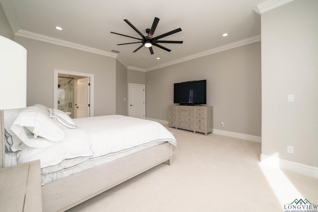 bedroom with connected bathroom, ceiling fan, crown molding, and light colored carpet