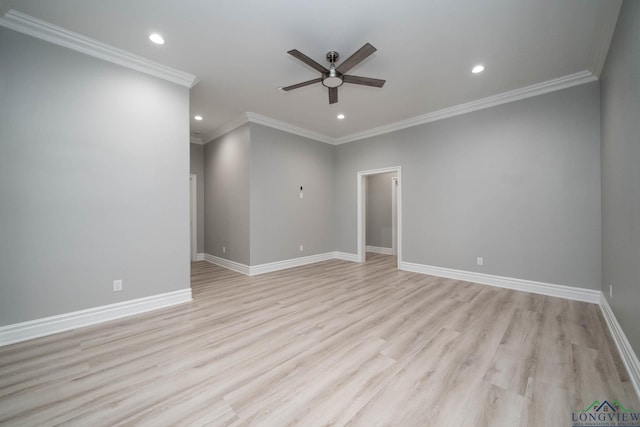 unfurnished room with ceiling fan, ornamental molding, and light hardwood / wood-style flooring