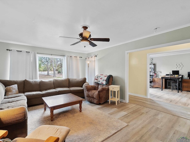 living room with ceiling fan, crown molding, and light hardwood / wood-style floors