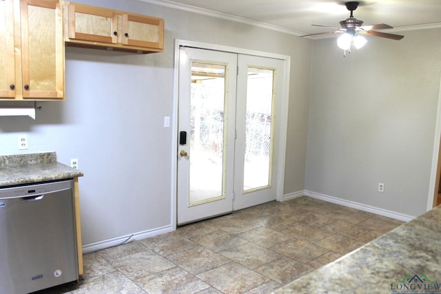 entryway with ceiling fan, french doors, and ornamental molding