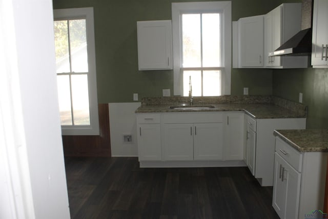 kitchen with a wealth of natural light, white cabinetry, sink, and dark wood-type flooring