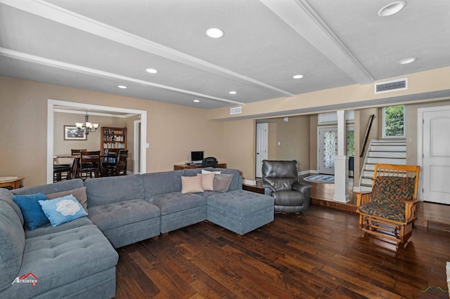 living room with beamed ceiling, a chandelier, and dark hardwood / wood-style floors